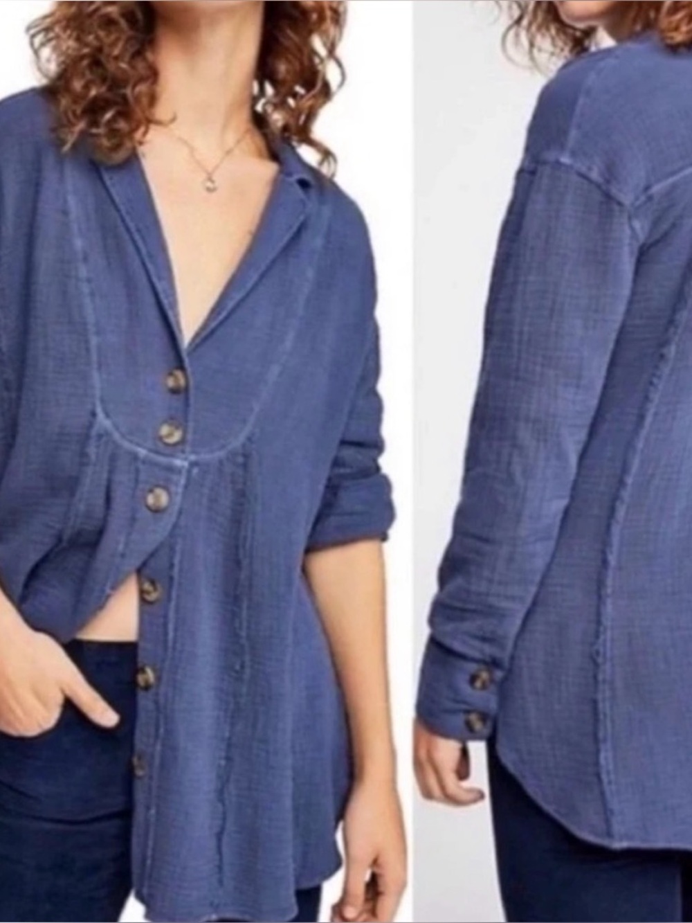Free People All About the Feels Crinkle Button Up Shirt Blue M Oil Spots